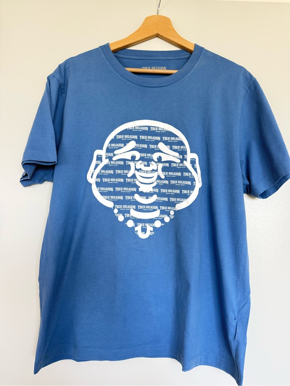 True Religion Blue Short-Sleeve Logo Tee with White Buddha Graphic